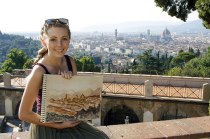 SACI drawing student with her sketch of the Florence skyline from San Miniato
